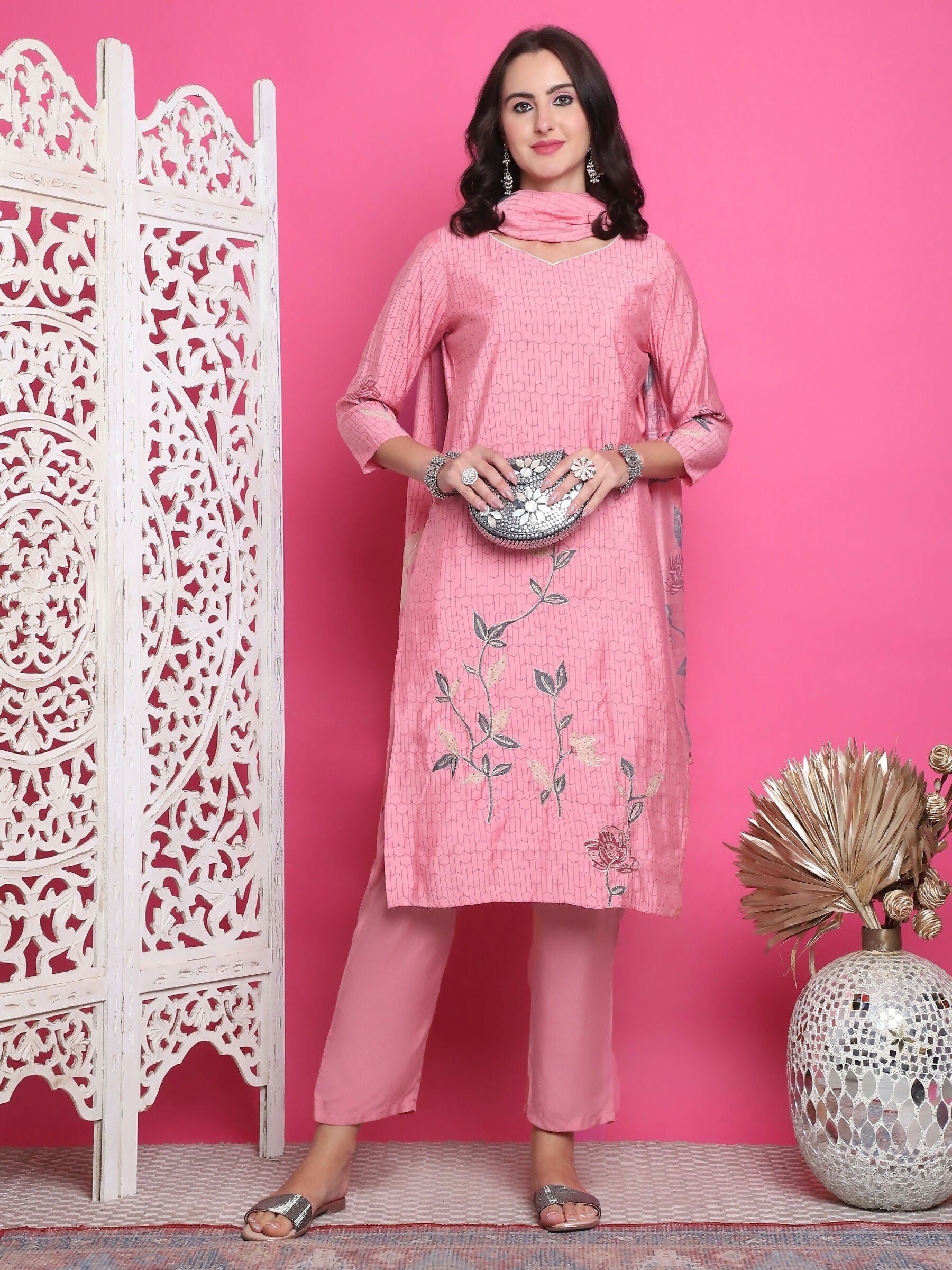 Jyoti Fashion Women's Pink Muslin Floral Print with Jari & Crystal work Kurta with Trouser & Dupatta - Distacart