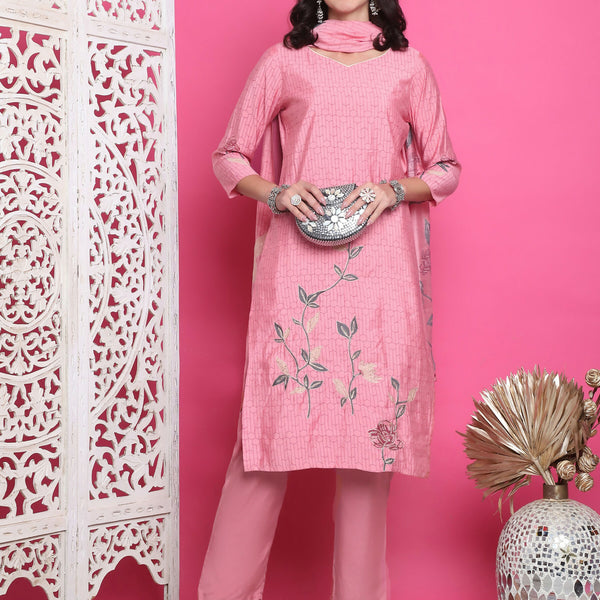 Jyoti Fashion Women's Pink Muslin Floral Print with Jari & Crystal work Kurta with Trouser & Dupatta - Distacart