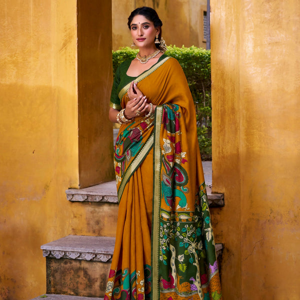 Vastranavya Mustard Viscose Chanderi Kalamkari Print with Zari Working Saree & Unstitched Blouse - Distacart