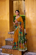 Thumbnail for Vastranavya Mustard Viscose Chanderi Kalamkari Print with Zari Working Saree & Unstitched Blouse - Distacart