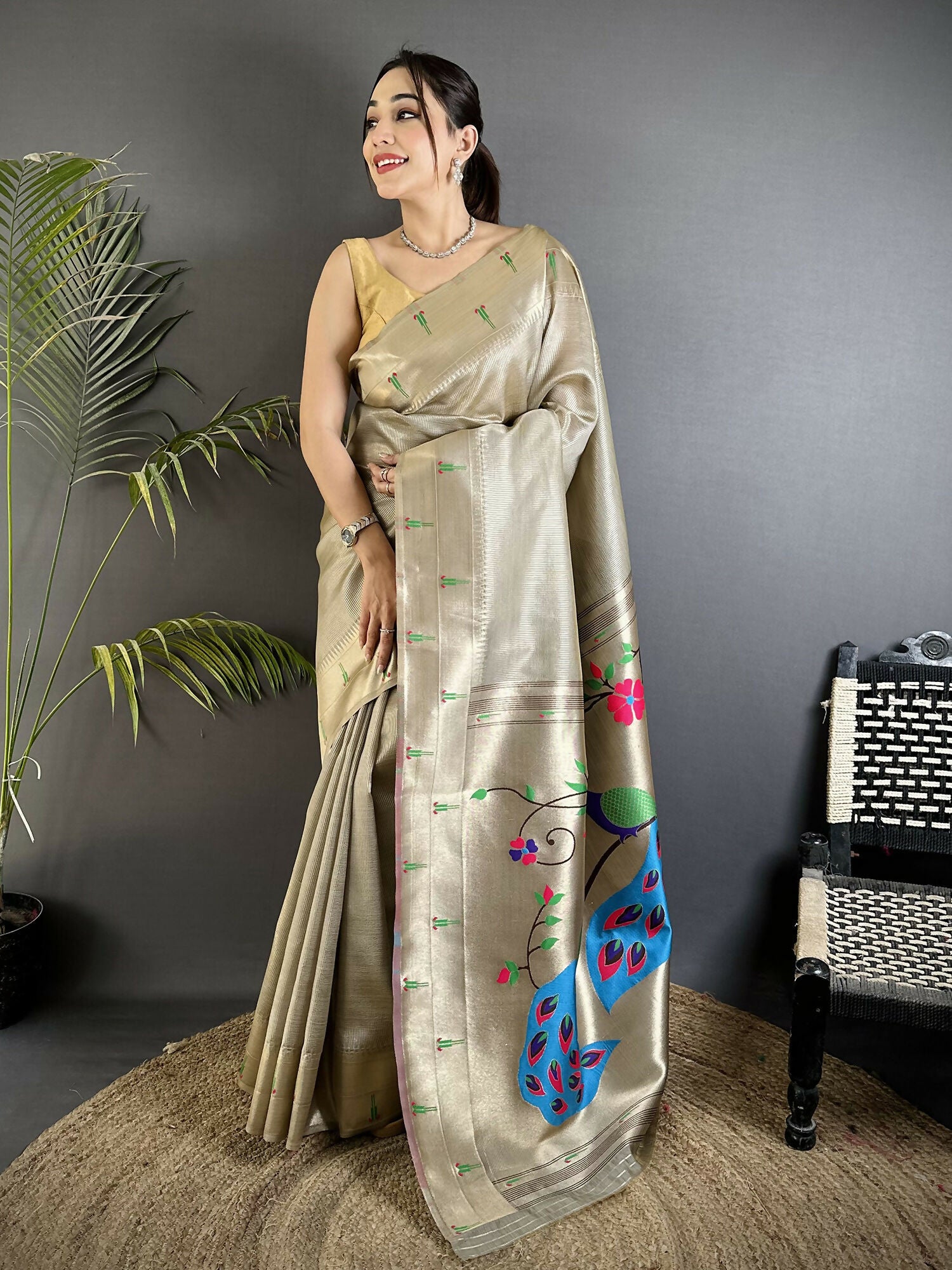 Joban Fashion Beige Peacock & Floral Motifs Tissue Paithani Saree - Dista