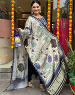 Thumbnail for The52 Navy Blue Women's Beautiful Viscose Chanderi Fabric Embroidered Work Straight Kurta Pant and Dupatta Set - Distacart
