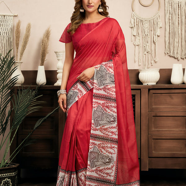 Vastranavya Red Digital Printed Linen Ready To Wear Designer Saree with Unstitched Blouse - Distacart