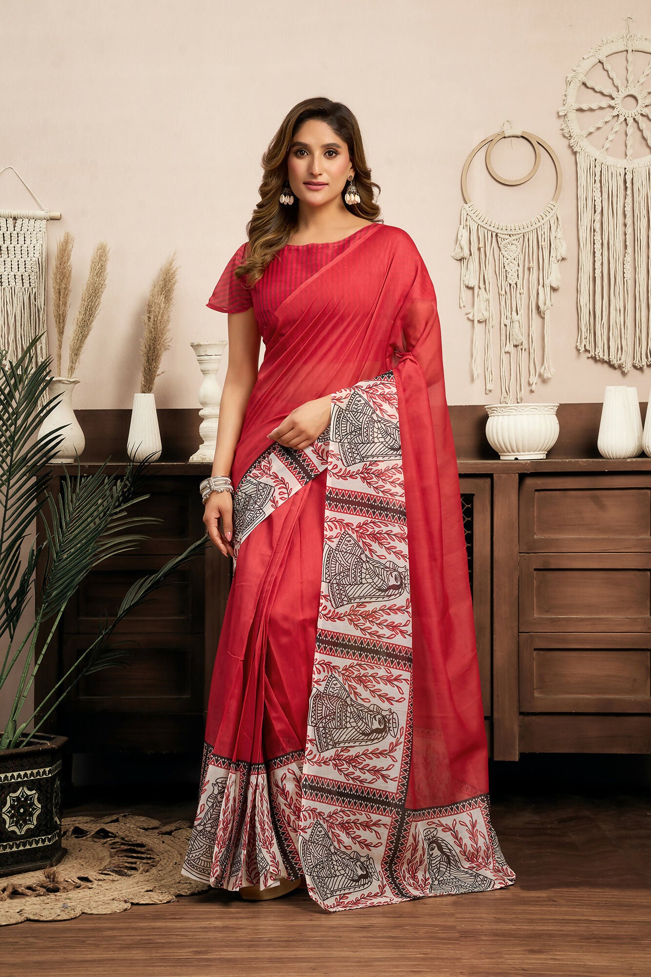Vastranavya Red Digital Printed Linen Ready To Wear Designer Saree with Unstitched Blouse - Distacart