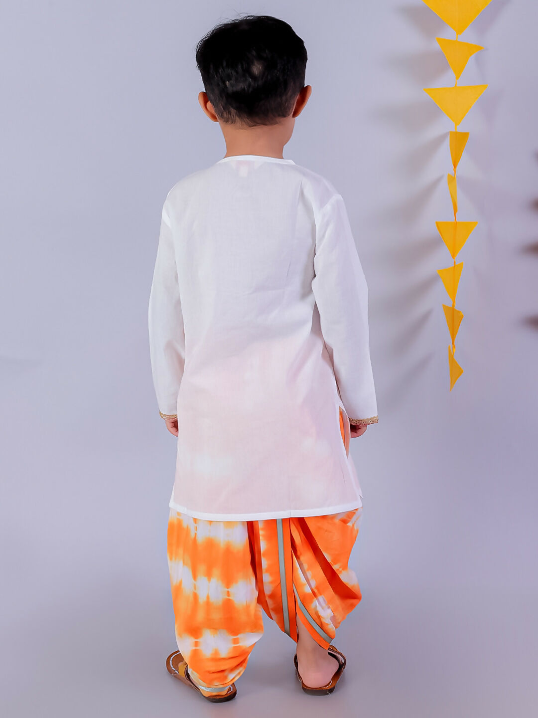 Lil Drama Janmashtami White Boys Cotton Kurta and Orange Dhoti Ethnic Set