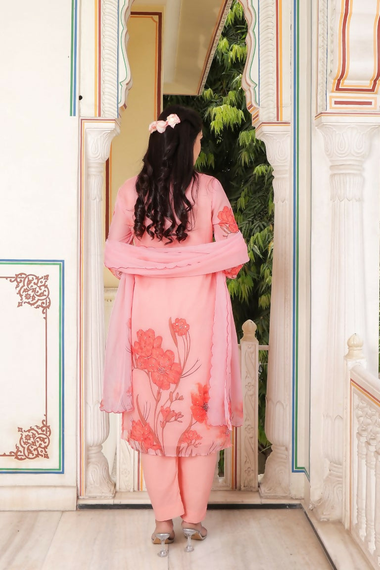 Vaasva Women Pink Tabby Slik Print & Embroidered Kurta, Pant & Dupatta set - Distacart