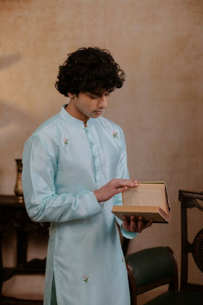 Falling Raw Silk Sea Green Vrindavan Lotus Kurta By Hilo Design - Distacart