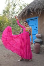 Thumbnail for Aastha Fashion Women's Pink Faux Georgette Bandhani Print work with kutchi patchework Gown - Distacart