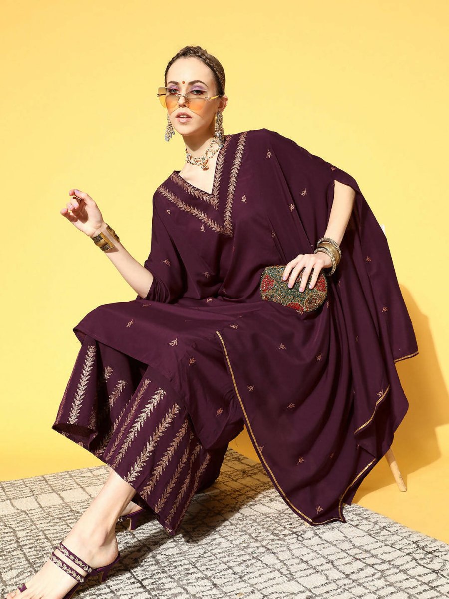 Ahalyaa Women Wine Colour Crepe Gold Glitter Print Kurta Palazzo Set - Distacart