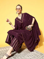 Thumbnail for Ahalyaa Women Wine Colour Crepe Gold Glitter Print Kurta Palazzo Set - Distacart
