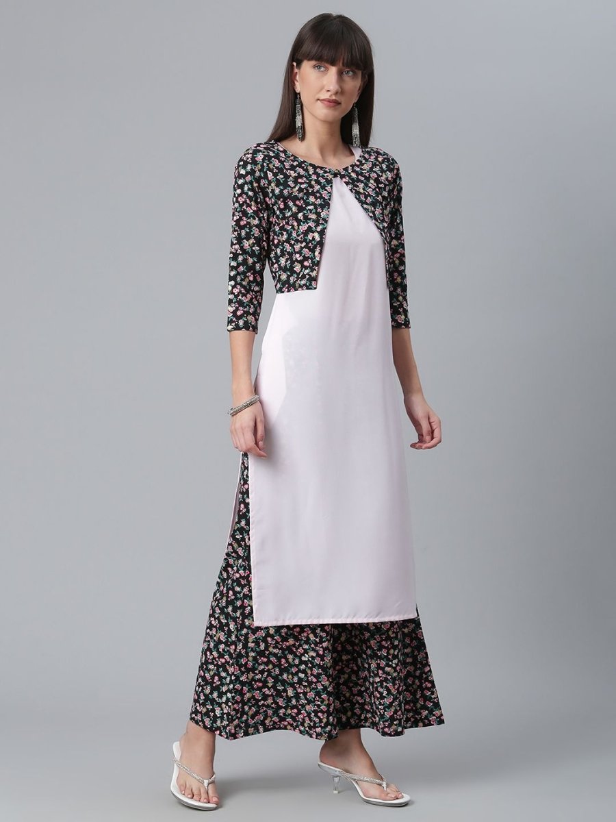 Ahalyaa Light Pink Crepe Solid Kurta And Palazzo Set With Jacket - Distacart
