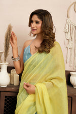 Thumbnail for Joban Fashion Bright Yellow Striped & Geomatric Linen Ready To Wear Saree With Unstitched Blouse - Distacart