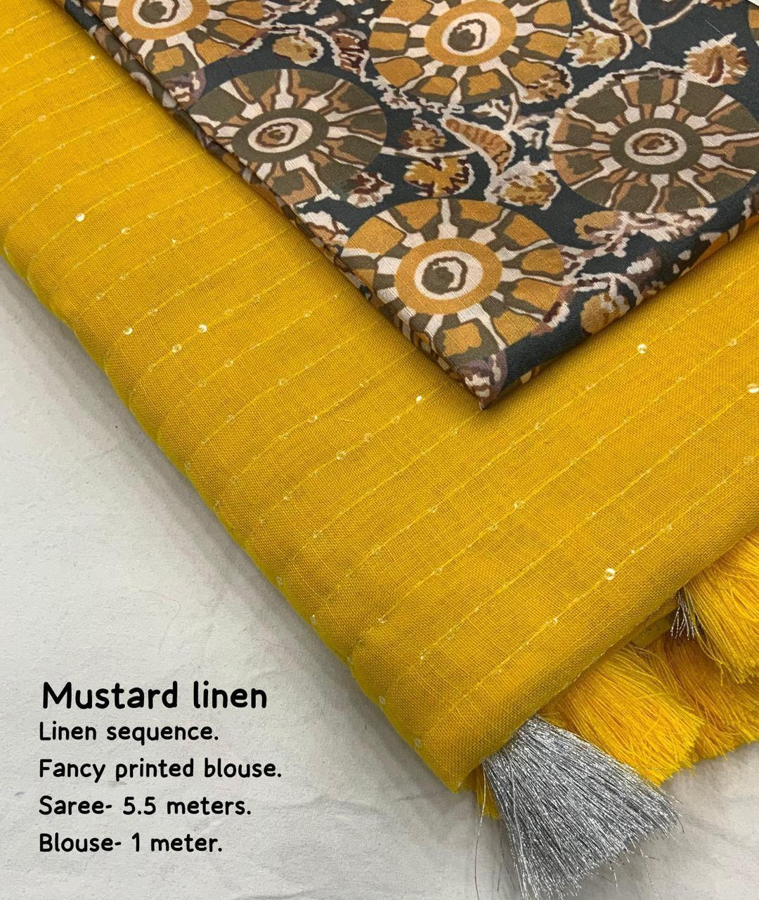 Mustard Linen Sequence Saree with Unstitched Blouse - Hiral Fashion - Distacart