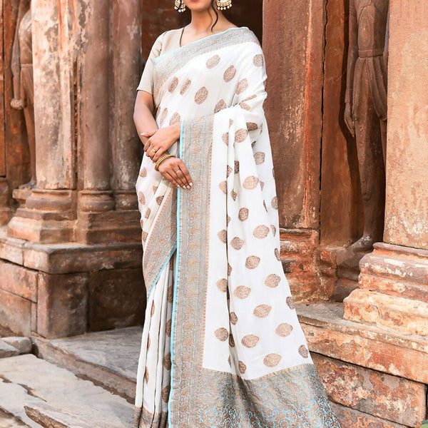 Joban Fashion Light Sky Blue Crepe Chiffon Pure Handloom Banarasi Silk Saree - Dista