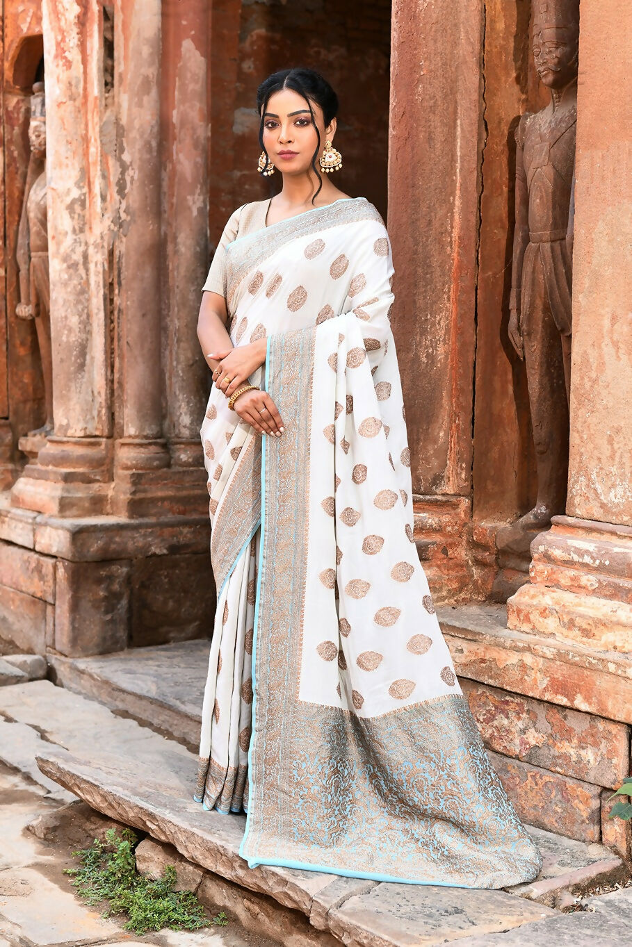 Joban Fashion Light Sky Blue Crepe Chiffon Pure Handloom Banarasi Silk Saree - Dista