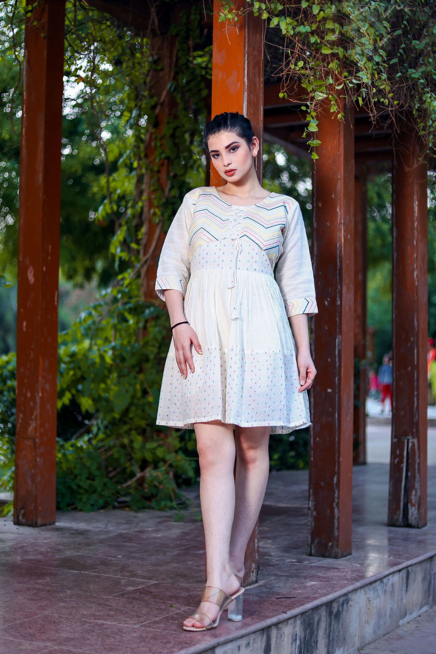 Aayaa Designer Multi Thread Hand Work Khadi Cotton One Piece Dress - Off White - Distacart