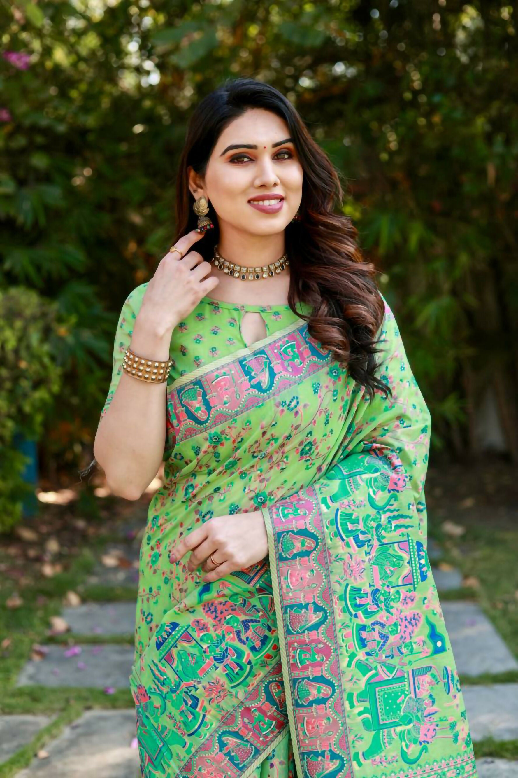 Vastranavya Luxury and Beautiful Soft, Smooth, Flowing Original Pashmina Soft Cotton Saree with Matching Blouse Fabric - Pista - Distacart