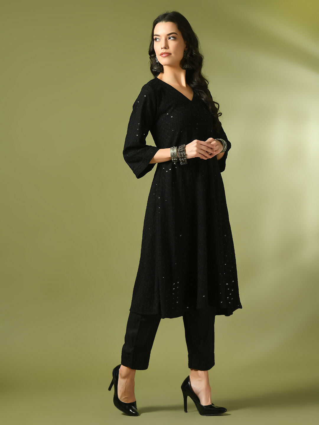 Myshka Women's Black Embroidered Cotton A-Line Party Kurta Set - Distacart