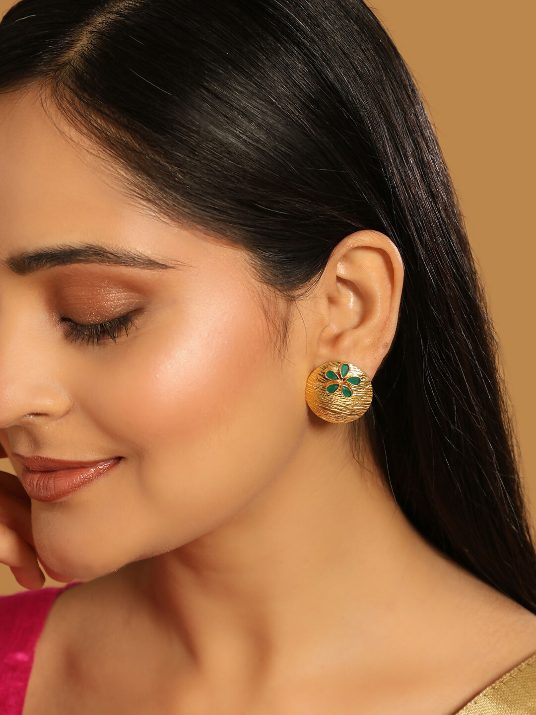 Nuyug 22K Gold-Plated Faux Emerald Stones Studded Circular Floral Shaped Motif Studs