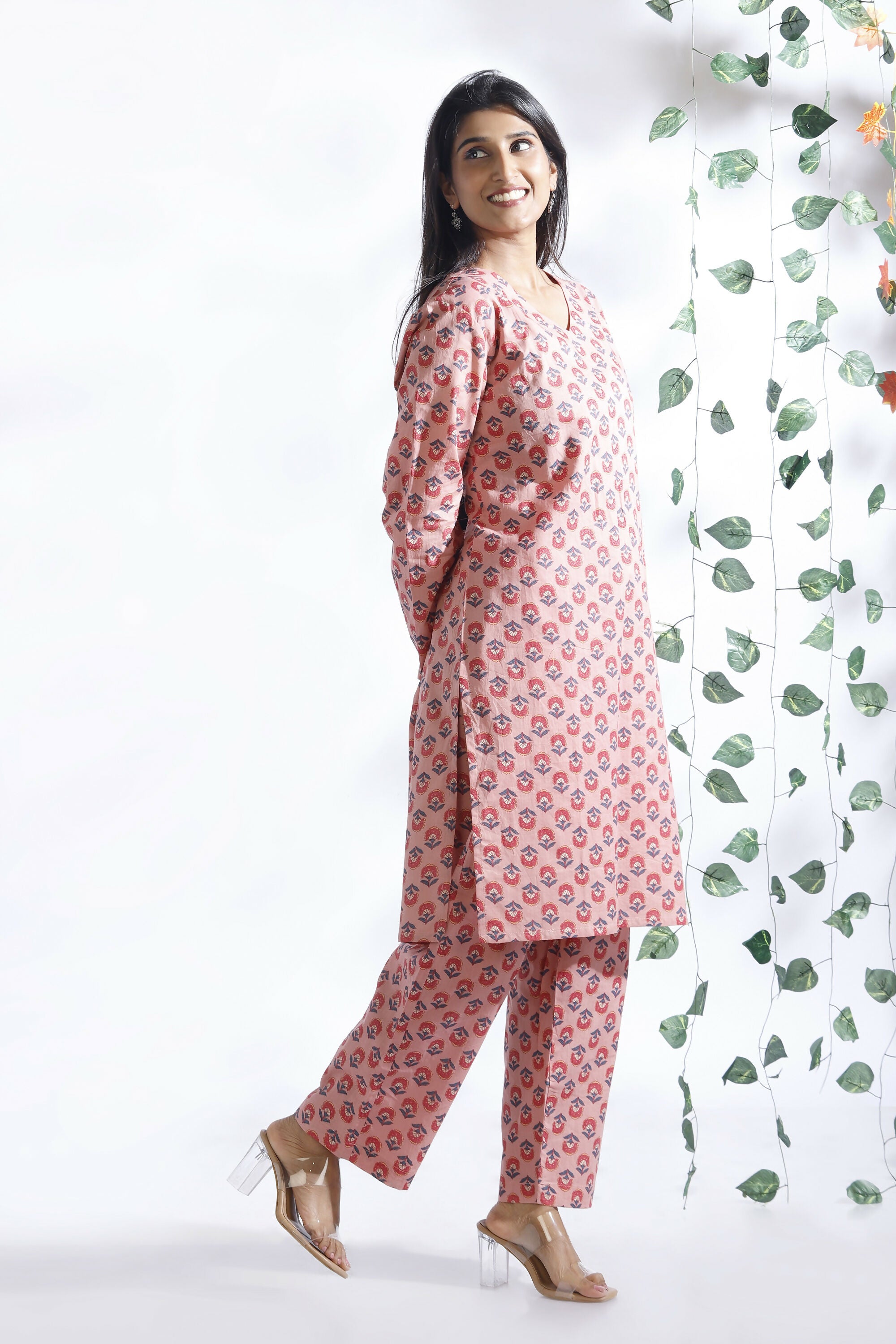 Breathables Women’S Loungewear Long Kurta Co-Ord Set Cotton Pink Indian Motif Butta Print - Dista