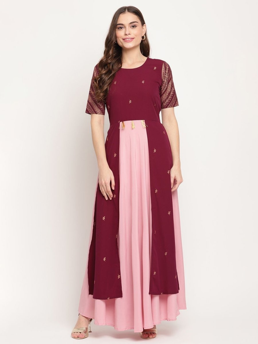 Ahalyaa Women Wine Crepe Glitter Print Dress