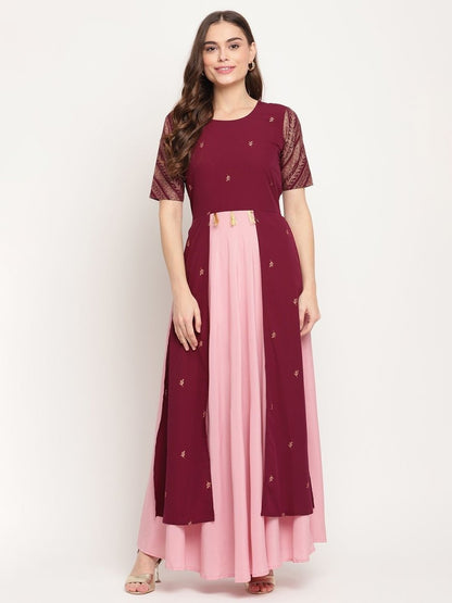 Ahalyaa Women Wine Crepe Glitter Print Dress
