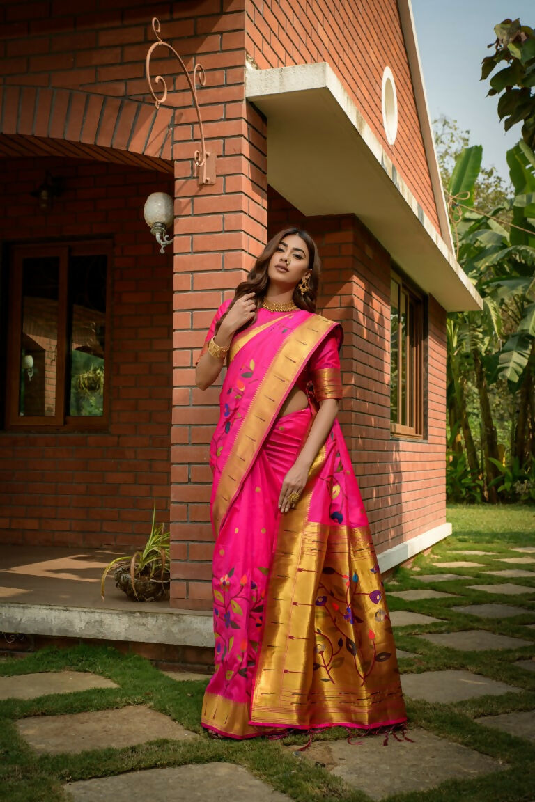 Jyoti Fashion Women's Pink Paithani Silk Zari Woven Saree with Blouse - Distacart