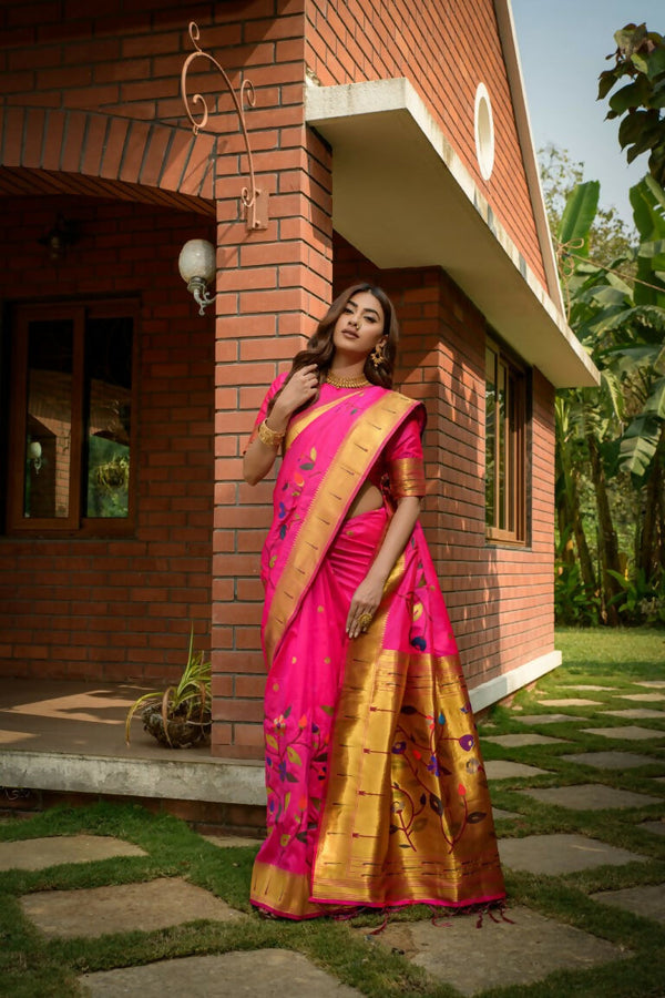 Jyoti Fashion Women's Pink Paithani Silk Zari Woven Saree with Blouse - Distacart