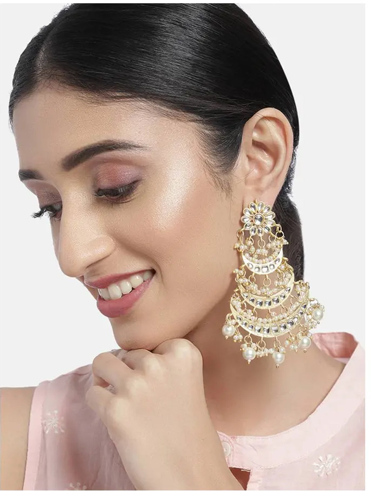 Jewel City Elegant Pearl Chandelier Earrings Traditional Gold-Plated Indian Wedding Jewelry