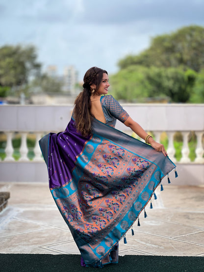 Vedant Vastram Soft Litchi Silk Paithani Jacquard Saree - Violet - Dista