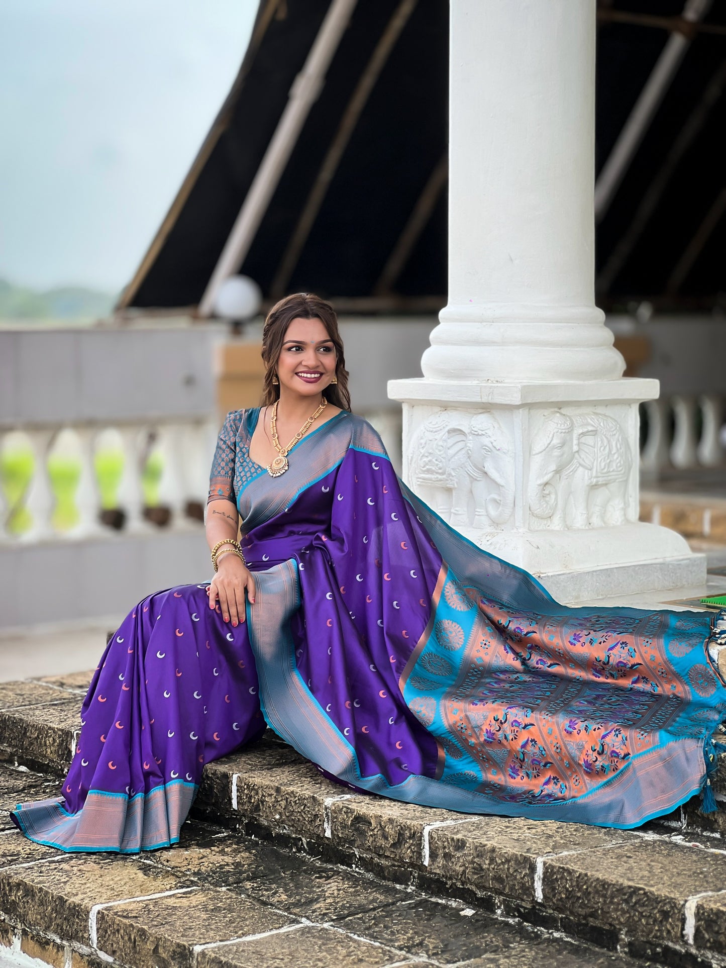 Vedant Vastram Soft Litchi Silk Paithani Jacquard Saree - Violet - Dista