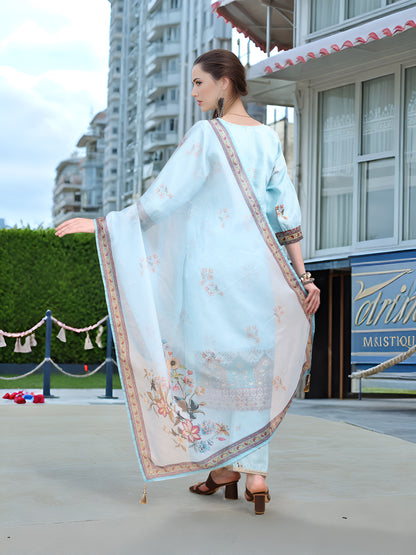 Hypnotex Position Digital Print With Position Foil Kurta Set -Sky Blue - Dista