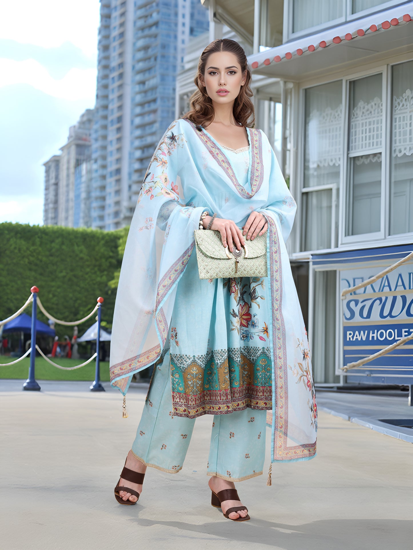 Hypnotex Position Digital Print With Position Foil Kurta Set -Sky Blue - Dista