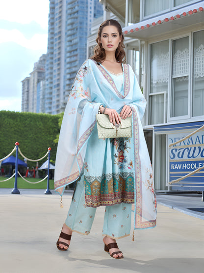 Hypnotex Position Digital Print With Position Foil Kurta Set -Sky Blue - Dista