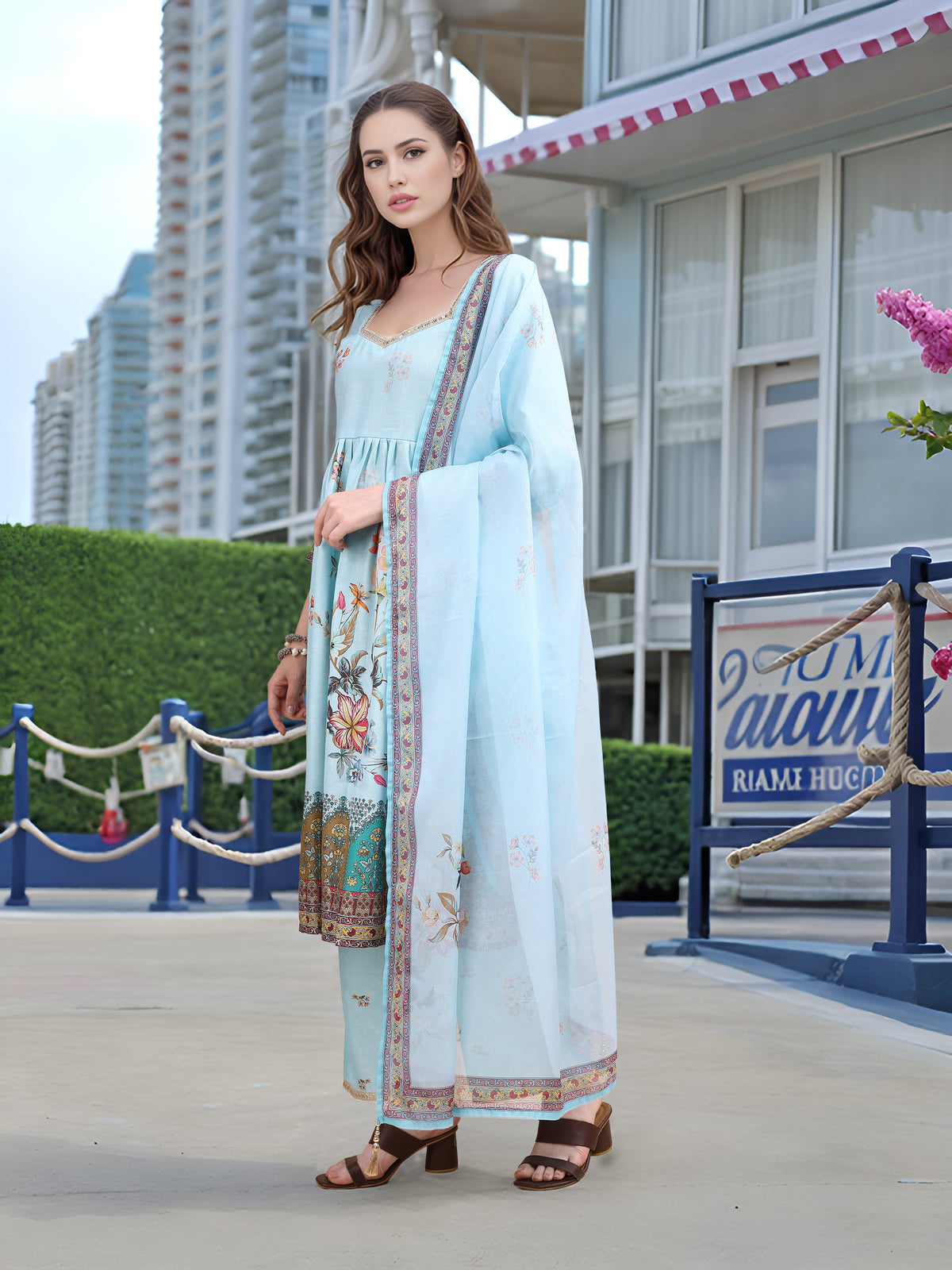 Hypnotex Position Digital Print With Position Foil Kurta Set -Sky Blue - Dista