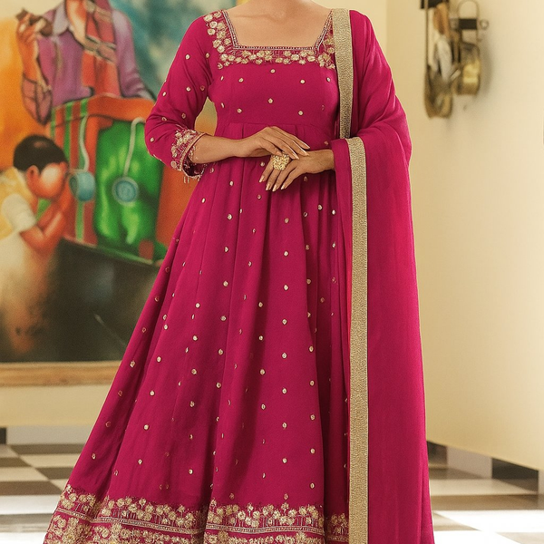 Yash Enterprise Rani Pink Silk Embroidery Party Wear Suit Set - Distacart