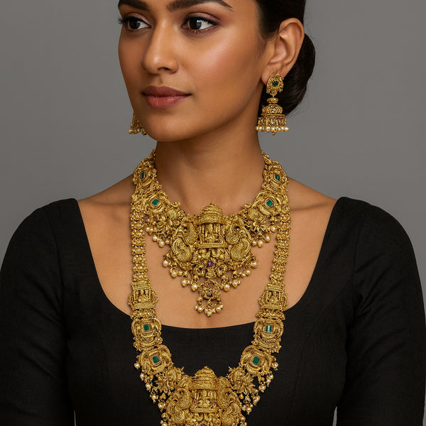 Jewel City Grand South Indian Temple Bridal Necklace Set for Women – Antique Gold-Plated Lakshmi Haram with Choker & Jhumka - Distacart