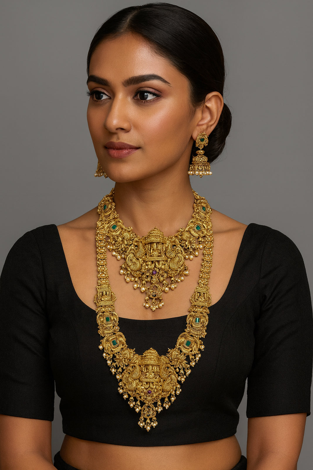 Jewel City Grand South Indian Temple Bridal Necklace Set for Women – Antique Gold-Plated Lakshmi Haram with Choker & Jhumka