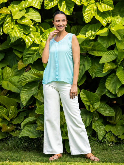 Gharana India Modal Sleeveless Light Blue Chikankari Top - Dista