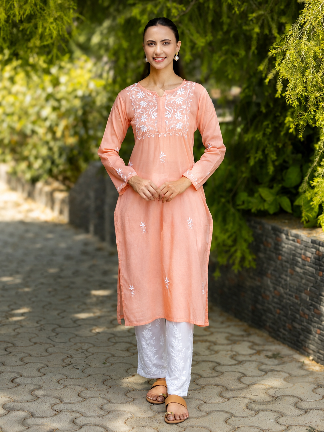 Gharana India Saheba Chikankari Peach Pink Pure Cotton Kurta With Very Fine Embroidery Work - Dista