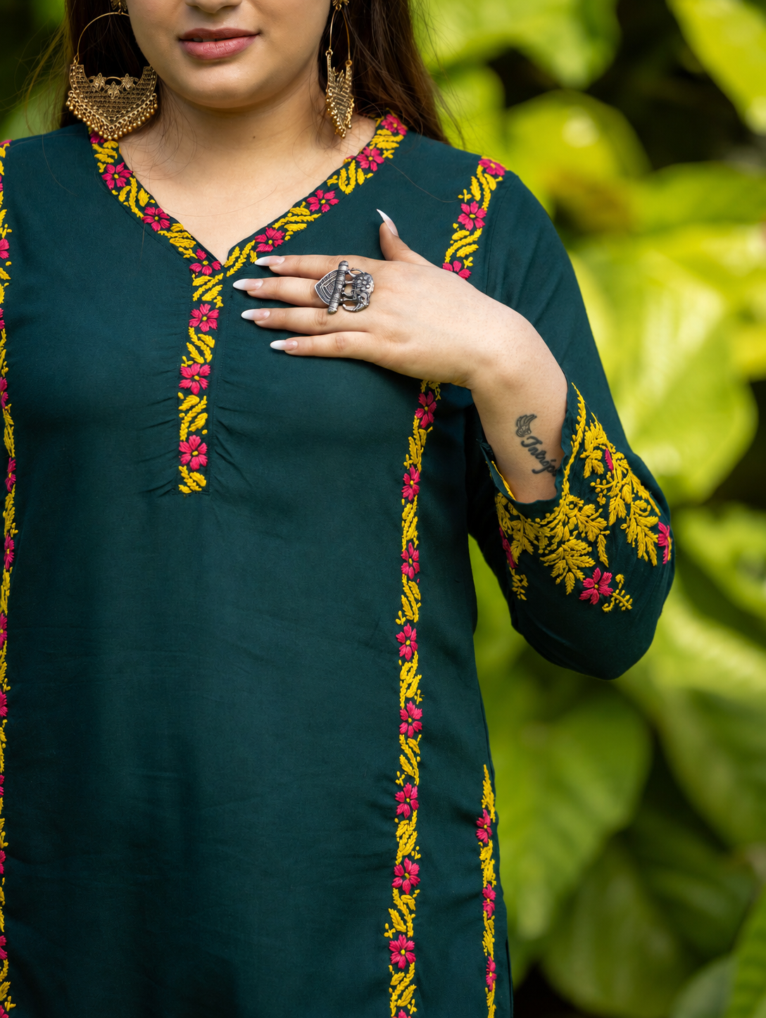 Gharana India Rayon Bottle Green Chikankari Co Ord Set With Coloured Thread - Dista