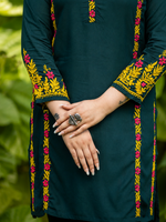 Thumbnail for Gharana India Rayon Bottle Green Chikankari Co Ord Set With Coloured Thread - Dista