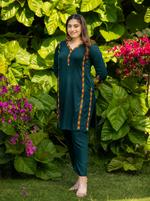 Thumbnail for Gharana India Rayon Bottle Green Chikankari Co Ord Set With Coloured Thread - Dista