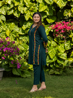 Thumbnail for Gharana India Rayon Bottle Green Chikankari Co Ord Set With Coloured Thread - Dista