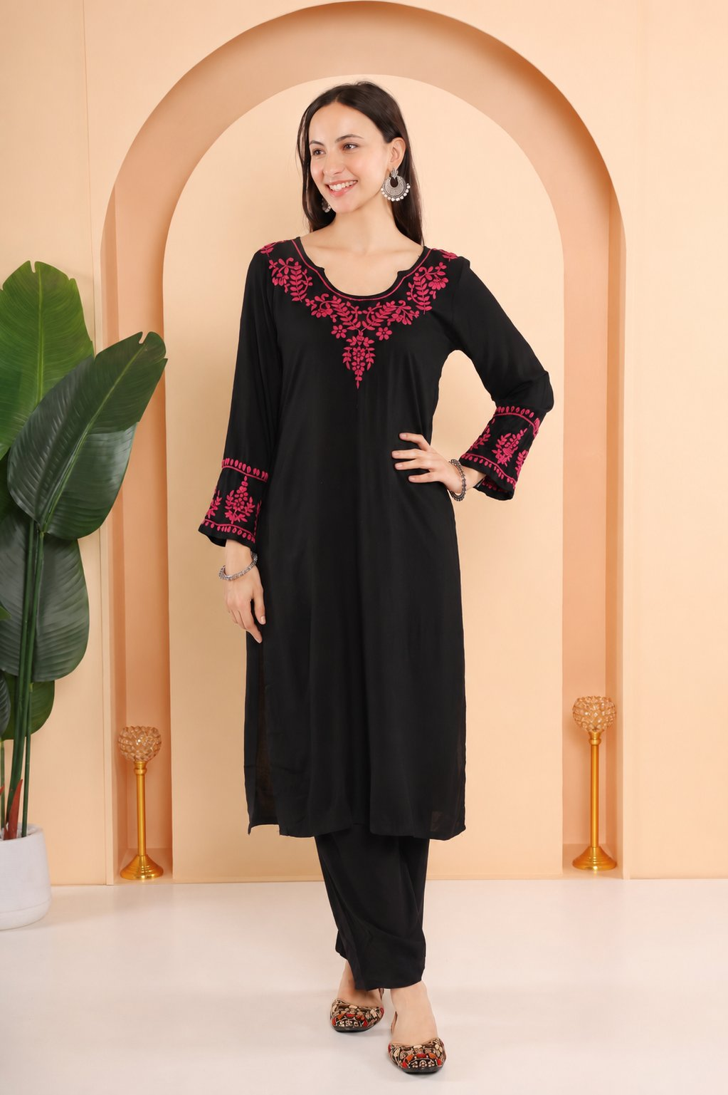 Gharana India Modal Black Chikankari Kurta Coord Set With Pink Coloured Thread Embroidery - Dista