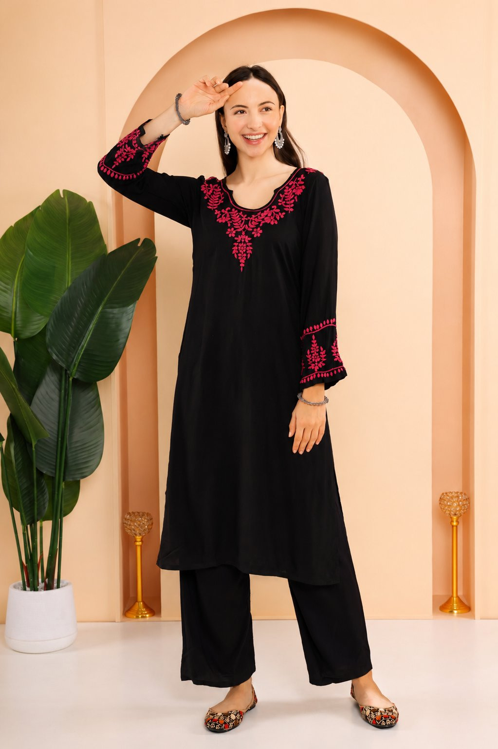 Gharana India Modal Black Chikankari Kurta Coord Set With Pink Coloured Thread Embroidery - Dista