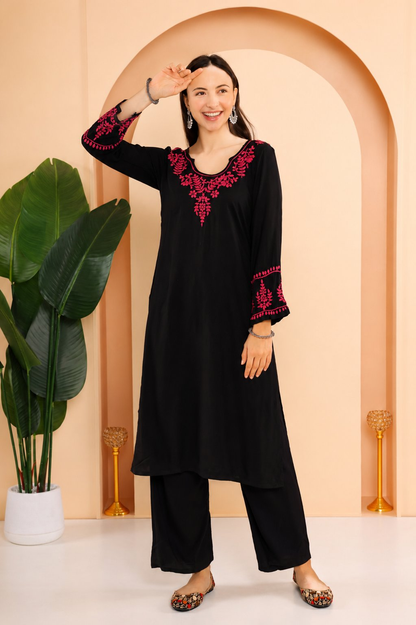 Gharana India Modal Black Chikankari Kurta Coord Set With Pink Coloured Thread Embroidery - Dista