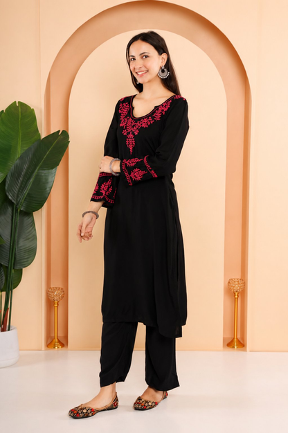 Gharana India Modal Black Chikankari Kurta Coord Set With Pink Coloured Thread Embroidery - Dista