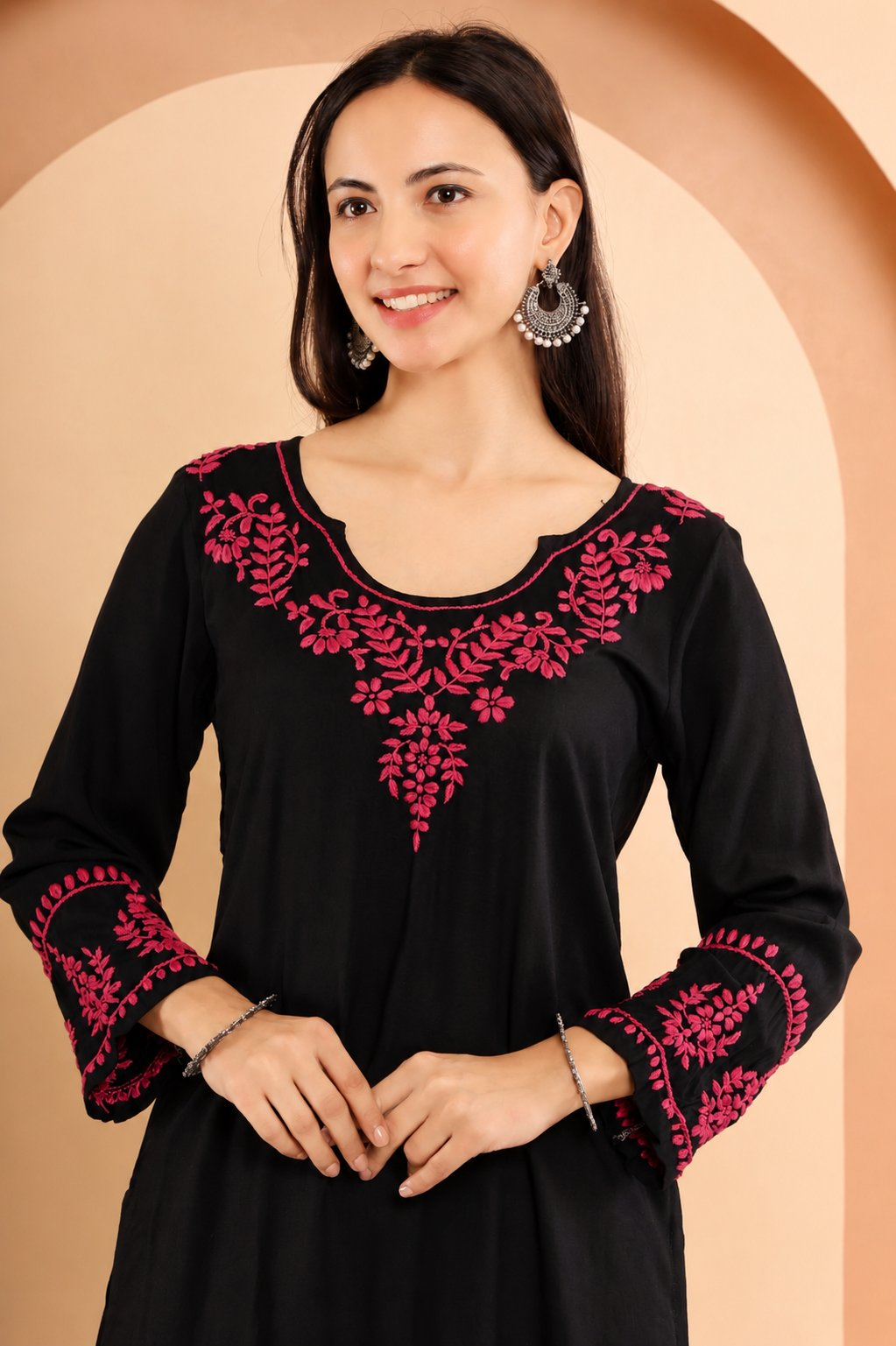Gharana India Modal Black Chikankari Kurta Coord Set With Pink Coloured Thread Embroidery - Dista