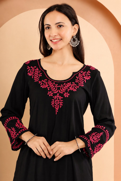 Gharana India Modal Black Chikankari Kurta Coord Set With Pink Coloured Thread Embroidery - Dista